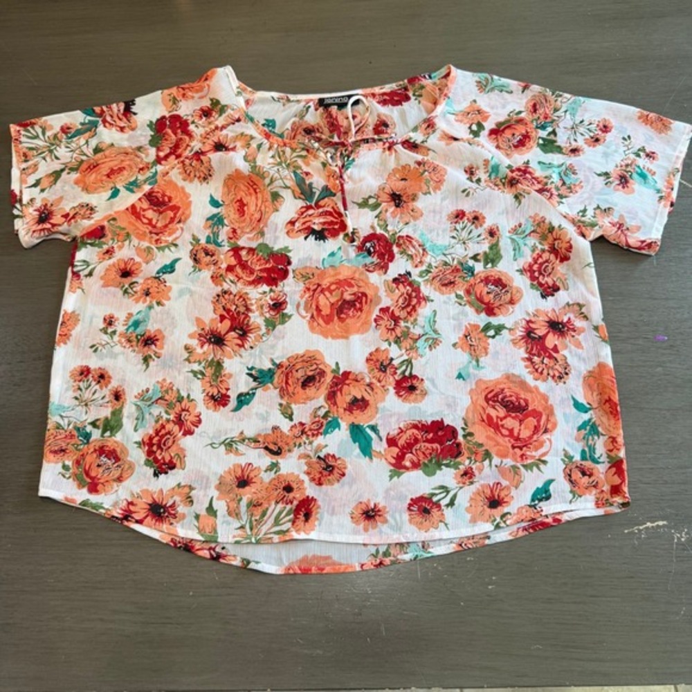 Janina Floral‎ Print Tie Neck Blouse Top Women's Size XS Short Sleeve